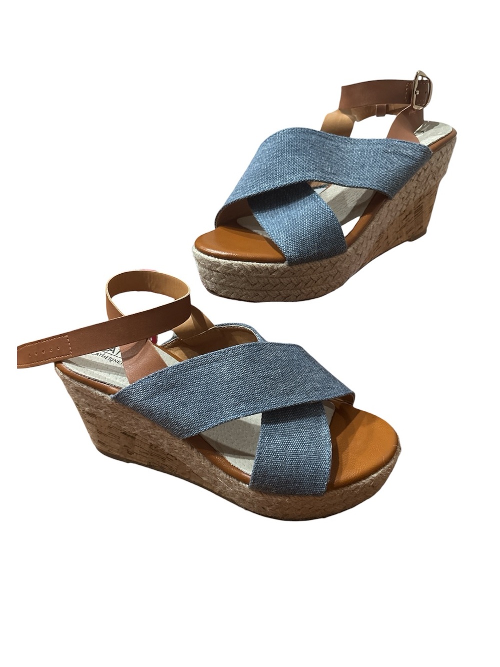 Catherine Malandrino Denim Blue Cross-Strap Wedge Sandals
